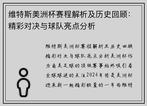 维特斯美洲杯赛程解析及历史回顾：精彩对决与球队亮点分析