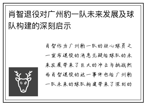 肖智退役对广州豹一队未来发展及球队构建的深刻启示 肖智退役对广州豹一队未来发展及球队构建的深刻启示