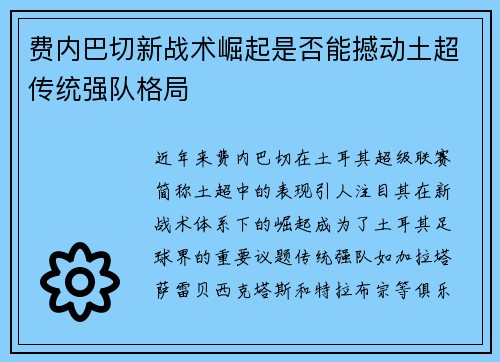 费内巴切新战术崛起是否能撼动土超传统强队格局