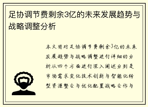 足协调节费剩余3亿的未来发展趋势与战略调整分析