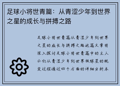 足球小将世青篇：从青涩少年到世界之星的成长与拼搏之路